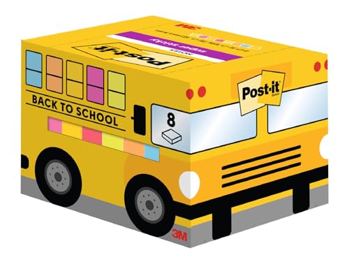 Post-it Back to School Bus mit Super Sticky Notes, Großpackung zum Schulanfang, 8 Blöcke, 90 Blatt pro Block, 63,5 mm x 76 mm - Haftnotizen in verschiedenen Farben, Schulgeschenke, für Schüler, Lehrer von Post-it