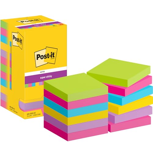 Post-it Super Sticky Notes, Farbig, Vorteilspackung mit 12 Blöcken, 90 Blatt pro Block, 76 mm x 76 mm - Extra-stark klebende Notizzettel von Post-it