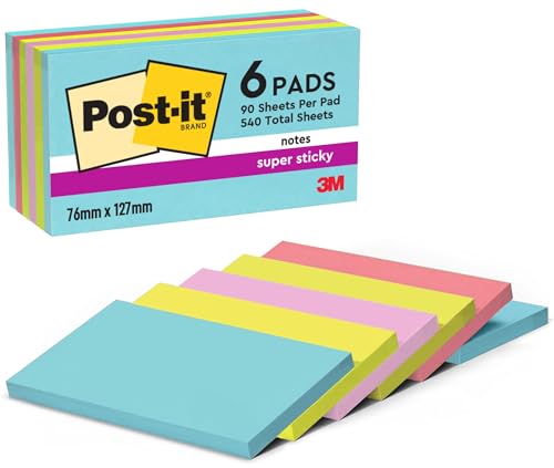 Post-it Super Sticky Notes Cosmic Collection, Packung mit 6 Blöcken, 90 Blatt pro Block, 76 mm x 127 mm, Mehrfarbig- Extra-stark klebende Notizzettel für Notizen von Post-it