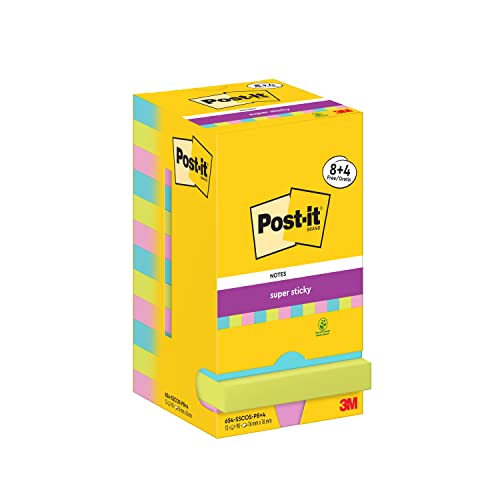 Post-it Super Sticky Notes Cosmic Collection, Packung mit 12 Blöcken, 90 Blatt pro Block, 76 mm x 76 mm, Türkis, Grün, Pink - Extra-stark klebende Notizzettel für Notizen und To-Do-Listen von Post-it