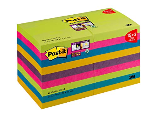 Post-it Super Sticky Notes Promotion Rainbow Collection 654-SSUC-P15+3 – Selbstklebende Haftnotizzettel in 76 x 76 mm – 18 Notizblöcke quadratisch à 90 Blatt in 5 Farben von Post-it