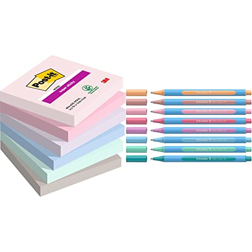 Post-it Super Sticky Notes Soulful Collection, Packung mit 6 Blöcken, 90 Blatt pro Block, 76 mm x 76 mm & Schneider 152289 Slider Edge Pastell XB Kugelschreiber (Dreikant-Stifte mit Strichbreite XB) von Post-it