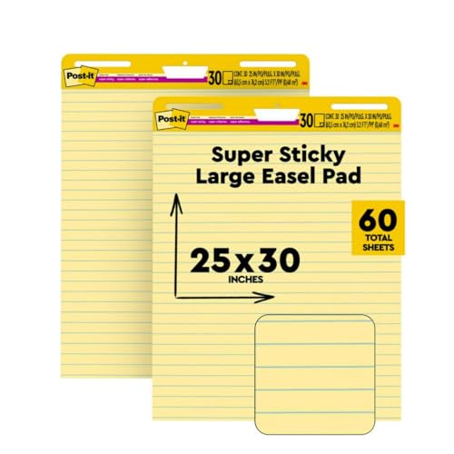 Post-it Super Sticky Staffelei-Block, 63,5 x 76,2 cm Blatt, gelbes Papier mit Linien, 30 Blatt/Block, 2 Blöcke/Packung, ideal für virtuelle Lehrer und Schüler (561) von Post-it