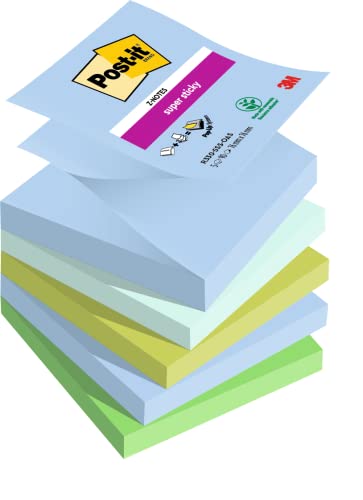 Post-it Super Sticky Z-Notes Oasis Collection, Packung mit 5 Blöcken, 90 Blatt pro Block, 76 mm x 76 mm, Blau, Grün - Extra-stark klebende Notizzettel für Notizen, To-Do-Listen und Erinnerungen von Post-it