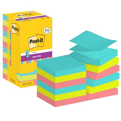 Post-it Super Sticky Z-Notes Cosmic Collection, Packung mit 12 Blöcken, 90 Blatt pro Block, 76 mm x 76 mm, Türkis, Grün, Pink - Extra-stark klebende Notizzettel für Notizen und To-Do-Listen, Mittel von Post-it