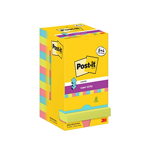 Post-it Super Sticky Z-Notes Cosmic Collection, Packung mit 12 Blöcken, 90 Blatt pro Block, 76 mm x 76 mm, Türkis, Grün, Pink - Extra-stark klebende Notizzettel für Notizen und To-Do-Listen, Mittel von Post-it