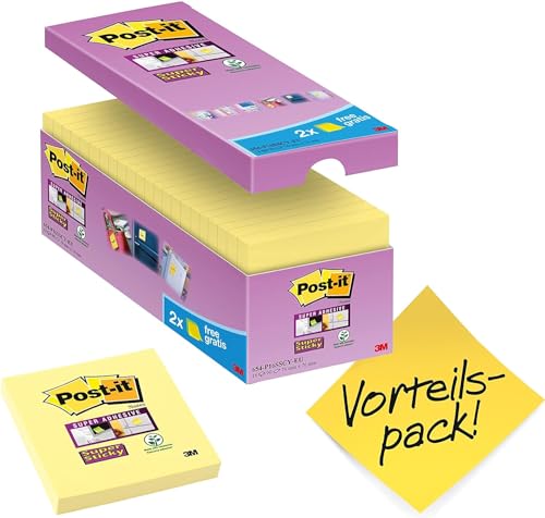 Post-it Super Sticky Notes Kanariengelb, Vorteilspackung, 14 Blöcken und 2 GRATIS, 90 Blatt pro Block, 76 mm x 76 mm, Gelb - Extra-stark klebende Notizzettel für To-Do-Listen und Erinnerungen von Post-it