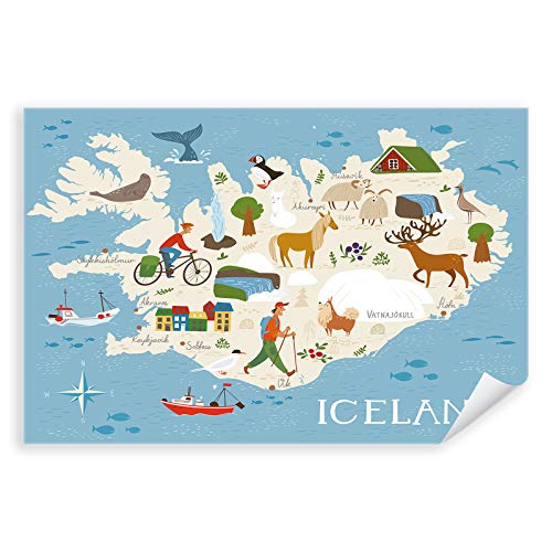 Postereck - 3362 - Island, Karte Kinder Tiere Kinderzimmer Meer - Kinder Kinderzimmer Kinderbild Wandposter Fotoposter Bilder Wandbild Wandbilder - Poster - DIN A2-42,0 cm x 59,4 cm von Postereck