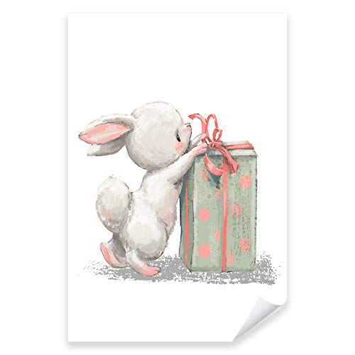 Postereck - 3625 - Süßer Hase mit Geschenk Poster Kinderzimmer | Geschenk und Hase |Kinderzimmer Deko für Jungen und Mädchen | Hasen Kinderbild Wandposter - Poster - DIN A3-29,7 cm x 42,0 cm von Postereck