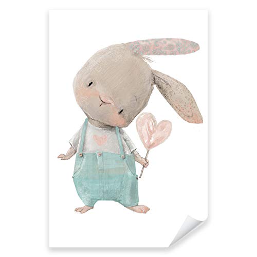 Postereck - 3639 - Süßer Hase mit Lolli Poster Kinderzimmer | Hase mit Herzlolli |Kinderzimmer Deko für Jungen und Mädchen | Hasen Kinderbild Wandposter - Poster - 3:2-61,0 cm x 40,5 cm von Postereck