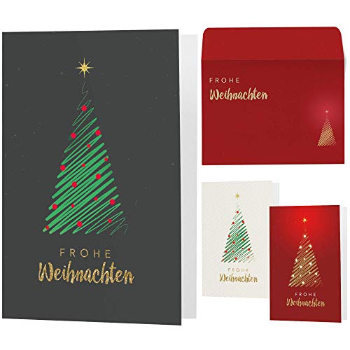 15 moderne Weihnachtskarten mit Umschlägen - Klappkarten mit Sprüchen & Rezepten für Weihnachten - Weihnachtskarte Set für Familie, Freunde oder Kunden (grau-grün-rot) von Postkartenschmiede