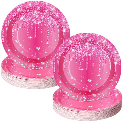 Potchen 100 Stück rosa Glitzer-Papp-Partyteller 17,8 cm Einwegteller für Geburtstag, Dessert, Kuchenteller, Diamant-Geburtstagsparty-Geschirr, Dekorationen zum Jäten, Babyparty-Zubehör von Potchen