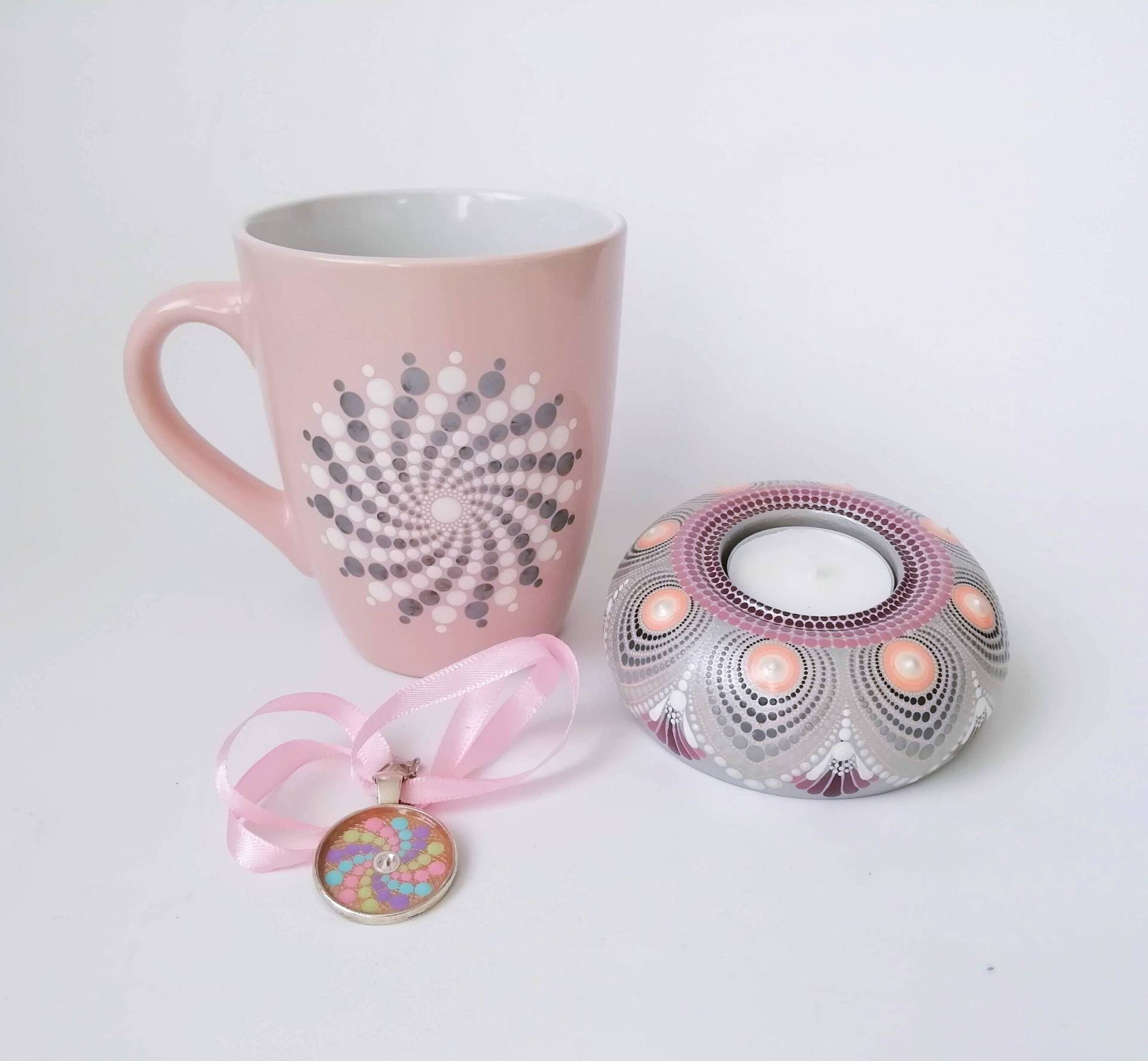 Rosa Mandala Geschenkset | Kerzenhalter Und Kaffeetasse Mit Halskette Spirituelle Geschenke Für Damen von PoudyArt