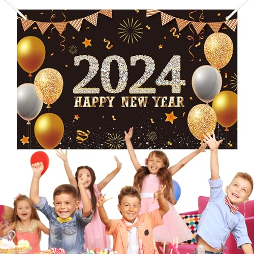 Poupangke Silvester-Hintergrund – Schwarz-Gold, 180,3 x 114,3 cm, Neujahrs-Banner, Hintergrunddekorationen, Happy Dekor, Fotografie-Hintergrundbanner von Poupangke