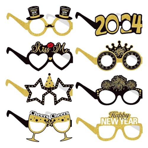 Poupangke Silvesterbrille – 8 x Papier-Sonnenbrillen, Silvesterbedarf, leichte Fotografie-Dekoration, Foto-Requisiten, Brille für Neujahr von Poupangke