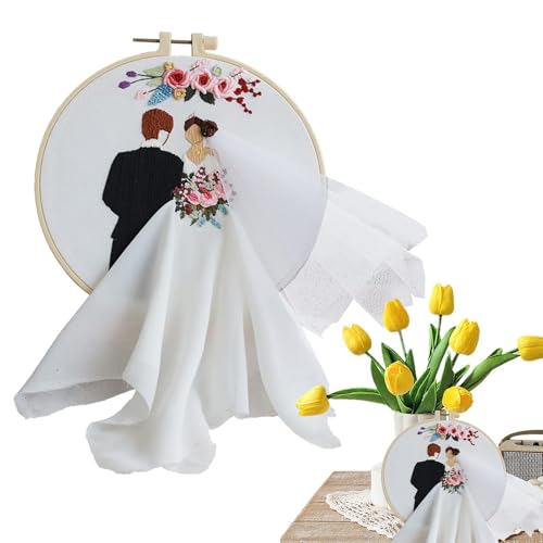 Poupangke Stickerei Hochzeitskit, Hochzeitsstickerei,Punchnadel -Set - Stickkit für Anfänger mit Reifennadeln und Anweisungen für Wohnkultur von Poupangke