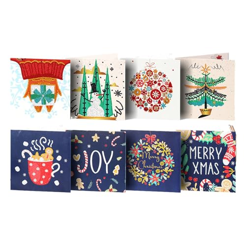 Poupangke Vintage Weihnachtskarten - 8 Pack Grußkarten Strass Malerei - Weihnachtskartenherstellung Kits, Urlaubspostkarte, Kristallmalerei Karten für Weihnachten, Geburtstagskarten von Poupangke