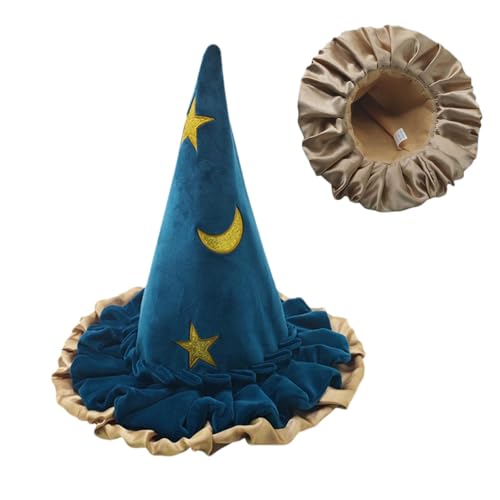 Blauer Hexenhut – breite Krempe, spitz zulaufender Turm, für Herren, Zauberer, spitzer Hut, Halloween-Kostüm, Hexenhut, blaue Hexenhüte für Damen, Stern-Mond-Muster, Zauberer-Kostüm, Cosplay-Hut, von Povanjer