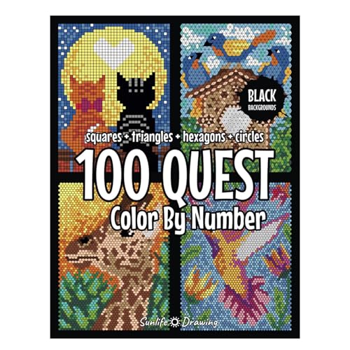 Povanjer 100 QUESTs Color By Number Squares+Triangles+Hexagons+Circles Schnelltrocknendes Doppelseitiges Aquarellstift Set Malbuch Nach Zahlen Color QUESTs Activity Book For Adults Lehrbuch Zum Malen von Povanjer