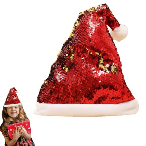 Povanjer Glitzernde Weihnachtsmütze, Weihnachtsmannmütze mit Pailletten - Weihnachten Pailletten Weihnachtsmannmütze - Weihnachtsmann-Kostümmütze mit glänzenden Pailletten und Bommel, weiche, von Povanjer