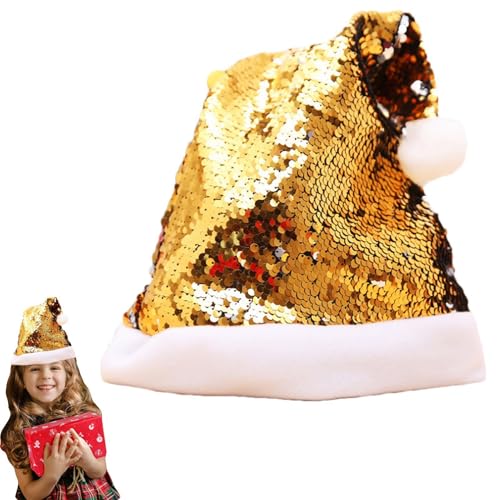 Povanjer Weihnachtsmütze mit Pailletten, glitzernde Weihnachtsmütze, Weihnachtsmann-Kostümmütze mit glänzenden Pailletten und Bommel, Weihnachtsmann-Kostümmütze mit glänzenden Pailletten und Bommel, von Povanjer