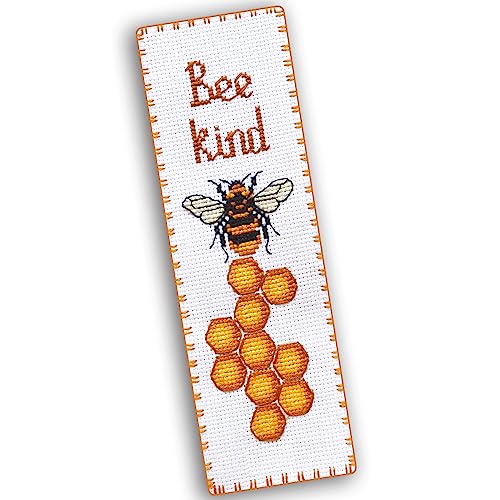 Povitrulya "Bee Kind" Kreuzstich-Lesezeichen-Set – DIY Stickset für Erwachsene mit Papiermuster, 16-fädiger Aida-Leinwand und vorsortierter Zahnseide von Povitrulya