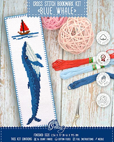 Povitrulya Blue Whale, Stickset für DIY-Lesezeichen – Kreuzstich-Set mit Papiermuster, 16 Stück Aida-Leinwand und vorsortierter Zahnseide von Povitrulya