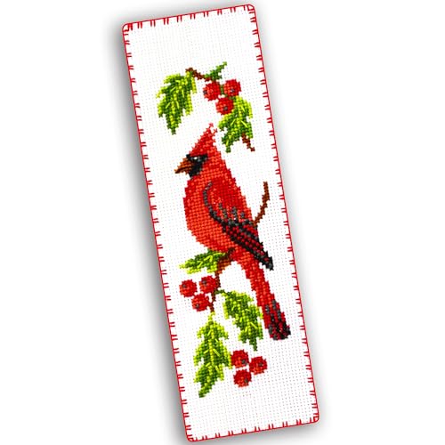 Povitrulya Cardinal – Kreuzstich-Lesezeichen-Set – DIY-Stickerei-Set – handgefertigtes Weihnachtsgeschenk für Erwachsene und Kinder mit einem Rotvogel, der auf einem weihnachtlichen Mistelzweig sitzt von Povitrulya