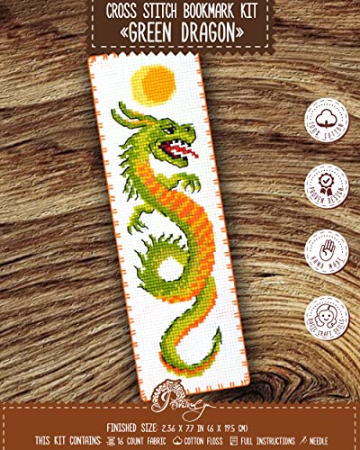 Povitrulya Kreuzstich-Set mit grünem Drachen – DIY-Stickerei-Buchmarker-Set für Erwachsene mit Papiermuster, 16-fädiger Aida-Leinwand und vorsortierter Zahnseide von Povitrulya