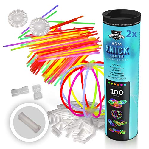 Power Lightz 200 Stück 20 cm Knicklichter/Armbänder inkl. 200 x 2D-Verbinder, je 4 x Ball- und Flexverbinder, im 6-Farb-Mix für Party, Disco, Festival oder Fasching von Power Lightz Company