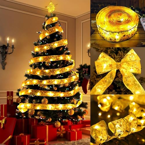 Powice Weihnachtsband Lichter, 5M 50 LED Glänzende Bänder Lichter, Weinachtsdekorationen, Weihnachtsbaum Lichterkette,Lichterkette Batterie für Urlaub,Party,Innen und Außenbereich Weihnachtsdekoration von Powice