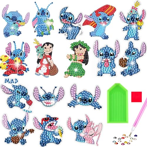 Powmag Stitch Diamond Painting, 16 Stück 5D Diamant Painting Kinder, Lilo und Stitch Diamanten Painting für Kinder ab 5-12, DIY Cartoon Geschenke für Mädchen Jungs von Powmag