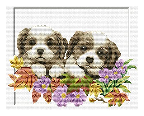 Ladybird Stickset Peeking Pups, Kreuzstich-Set ca. 28,1 x 22 cm, Komplett-Set für ein eckiges Stickbild, handwerkliches Hobby für Erwachsene und Kinder ab 8 Jahren von Pracht Creatives Hobby