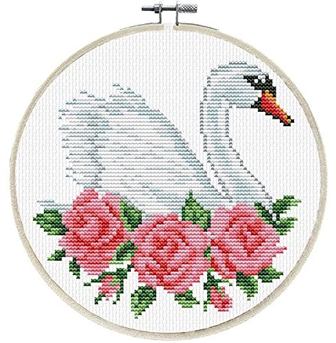 Ladybird Stickset Rose Swan, Langstich-Set mit Stick-Rahmen Ø 15,2 cm, Komplett-Set für ein rundes Stickbild, handwerkliches Hobby für Erwachsene und Kinder ab 8 Jahren von Pracht Creatives Hobby