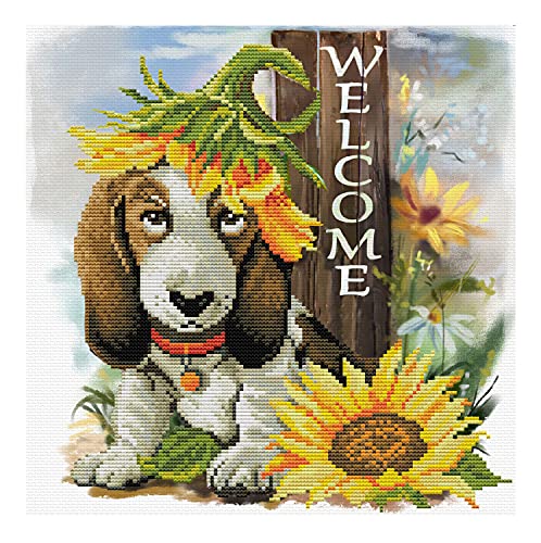 Ladybird Stickset Sunflower Hound, Kreuzstich-Set ca. 34,5 x 34,5 cm, Komplett-Set für ein eckiges Stickbild, handwerkliches Hobby für Erwachsene und Kinder ab 8 Jahren von Pracht Creatives Hobby