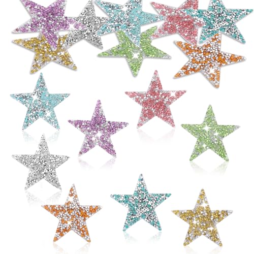 Prasacco 16 Stück Bügelbilder Stern Patches zum Aufbügeln, 6x6cm Strass Stern Aufnäher zum Aufbügeln 8 Farben Glitzerstern Aufnäher Deko für DIY Jacken, T-Shirts, Jeans, Röcke, Hüte, Schuhe, Rucksäcke von Prasacco