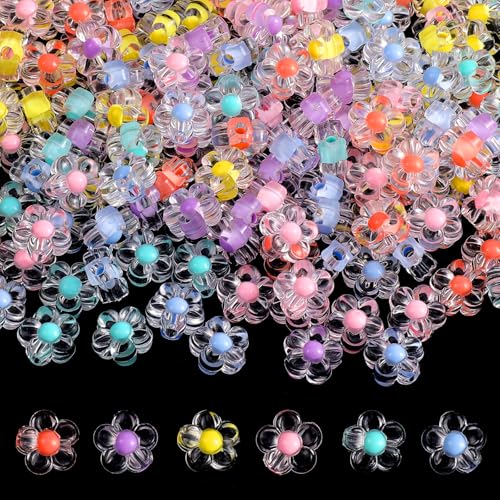 Prasacco 200 Stück Blumen Perlen, 12 mm Transparente Blumenperlen Bonbonfarben Acryl Blumen Perlen mit Löchern für DIY Armbänder, Halsketten, Ohrringe, Schmuck, Kunsthandwerk (Gemischte Farben) von Prasacco