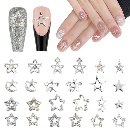 Prasacco 24 Stück Stern-Nagel-Charms, Silber Sterne Nagel Edelsteine Funkelnde Stern-Nagelanhänger Strasssteine Nagel Zubehör für Frauen Metall Nagel Charms für Nagelkunst-DIY-Dekorationshandwerk von Prasacco