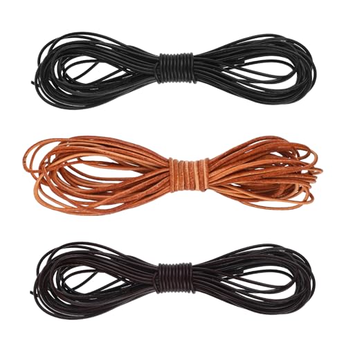 Prasacco 3 Rollen Lederschnur, 5m x 1,5mm Rund Lederband Reißfeste Lederschnur für DIY Handwerk, Schlüsselbänder, Armbänder, Halsketten, Schnürsenkel, Geschenkverpackungen (Schwarz, Natur, Braun) von Prasacco