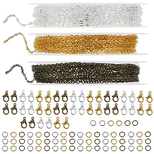 Prasacco 3 Rollen Schmuckkette 2mm, Schmuckherstellungsketten Set 3 Farben Metall Basteln Gliederkette mit 60 Biegeringe und 30 Karabinerverschlüsse für DIY-Schmuck, Halsketten, Basteln (3m/Rolle) von Prasacco