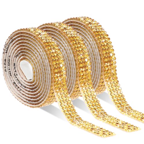 Prasacco 3 Stück Selbstklebende Strassbänder, Kristall Strasssteine Glitzerband DIY Diamant Band Glitzersteine DIY Dekoration Aufkleber für Kleidung, Hochzeit, Handwerk, Geschenkdekoration, Gold von Prasacco