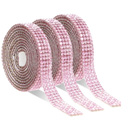 Prasacco 3 Stück Selbstklebende Strassbänder, Kristall Strasssteine Glitzerband DIY Diamant Band Glitzersteine DIY Dekoration Aufkleber für Kleidung, Hochzeit, Handwerk, Geschenkdekoration, Rosa von Prasacco