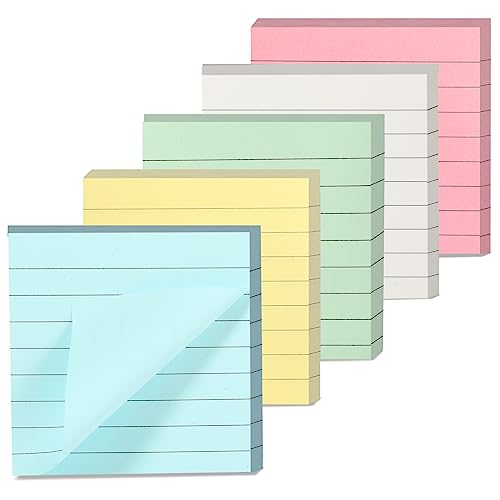 Prasacco 5 Stück linierte Haftnotizen, 76 x 76 mm Selbstklebende Notizen 5 Farben Farbige Haftnotizen für Büro, Schule, Zuhause (Blau, Gelb, Weiß, Rosa, Grün) von Prasacco