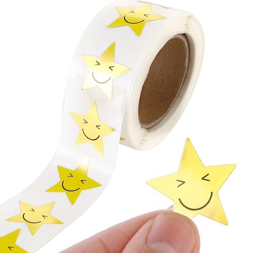 Prasacco 500 Stück Stern Smile Aufkleber, Golden Star Smile Aufkleber Rolle Selbstklebende Glitzer Sternsticker zur Belohnung von Kindern, DIY-Scrapbook und Grußkarte (2,5 cm Durchmesser, 1 Rolle) von Prasacco