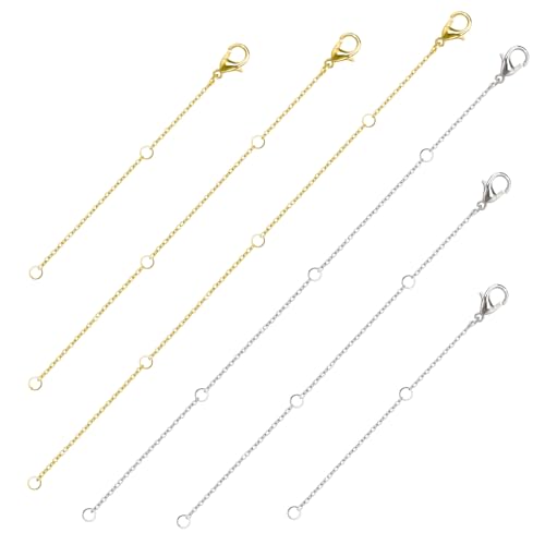 Prasacco 6 Stück Kettenverlängerung, Edelstahl Kettenverlängerung 5,3/7/9 cm Schmuck Verlängerungen mit Karabinerverschluss Schmuckkettenverlängerung für Halsketten Armbänder Fußkettchen (Gold+Silber) von Prasacco