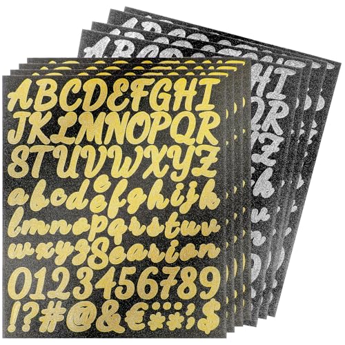 Prasacco 8 Blatt Buchstaben Zahlen Aufkleber, Selbstklebende Buchstabenaufkleber Glitzer Buchstaben Zahlen Symbolen Aufkleber Dekorative Aufkleber Set für DIY Scrapbooking (Gold, Silber) von Prasacco