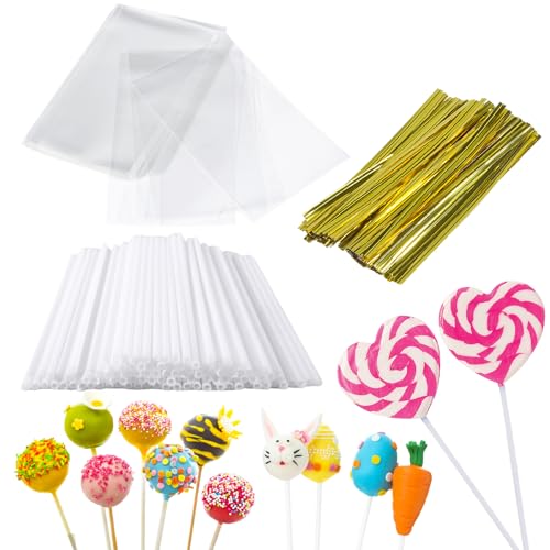 Prebarfun 100 Stück Cake Pop Stiele Set, Cake pop Sticks, Lollipop Sticks mit Süßigkeiten Tüten, Twist Ties für Lutscher Süßigkeiten Kekse Gebäcke Cake von Prebarfun