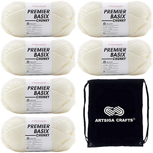 Premier Strickgarn Basix Chunky Garn Creme 1145-02 (6er-Pack) gleiche Farbstoffmenge grob sperrig #5 weich 100% Acryl Bündel mit 1 Artsiga Basteltasche von Premier Yarns