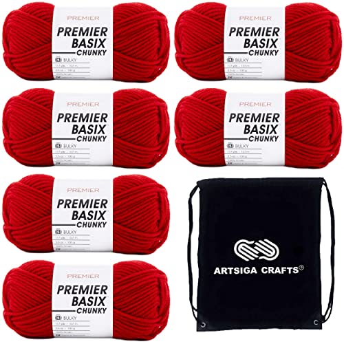 Premier Strickgarn Basix Chunky Garn Deep Red 1145-12 (6er-Pack) gleiche Farbstoffmenge grob sperrig #5 weiches 100% Acryl Bündel mit 1 Artsiga Basteltasche von Premier Yarns