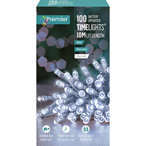 Premier 100 Timelights Batteriebetriebene 10 m klare Kabel Multi-Action-Lichterkette – Weiß von Premier